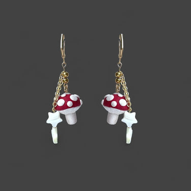 Glitter Mushroom Dangle Earring with precious stone shell stars - Pretty Weird