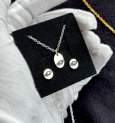 Eagles Engraved Hand Soldered Earrings and Oval Necklace Set | .925 Sterling Silver Pretty Weird