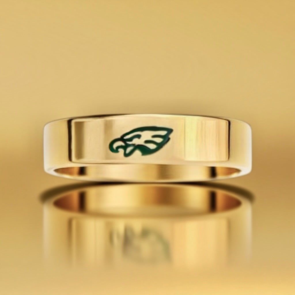 14K Gold-Filled Sterling Silver with Hunter Green Enamel - 4mm Flat Band Eagles Logo Ring