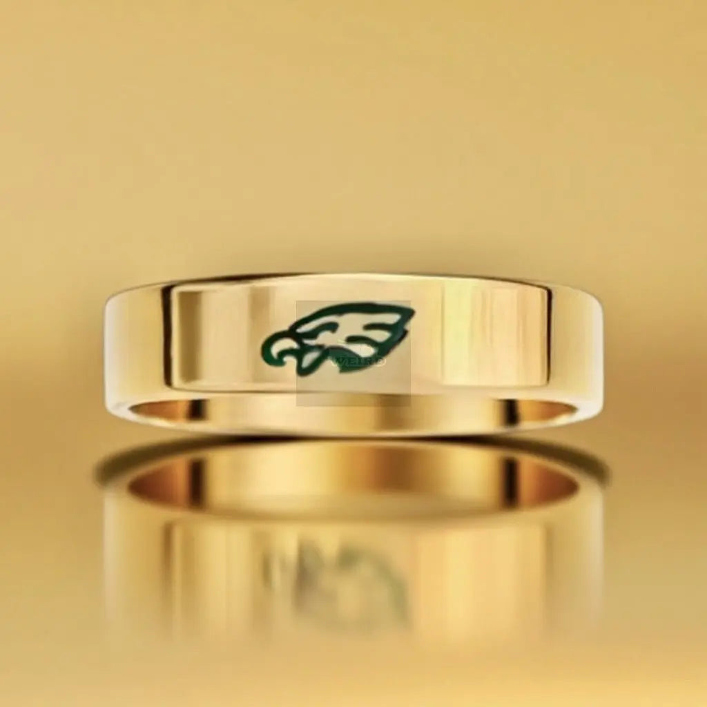 14K Gold-Filled Sterling Silver with Hunter Green Enamel - 4mm Flat Band Eagles Logo Ring Pretty Weird