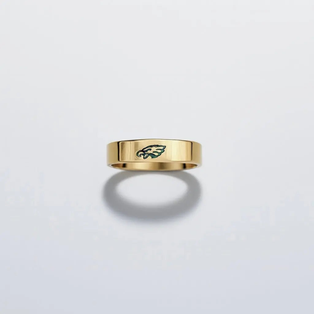 14K Gold-Filled Sterling Silver with Hunter Green Enamel - 4mm Flat Band Eagles Logo Ring Pretty Weird