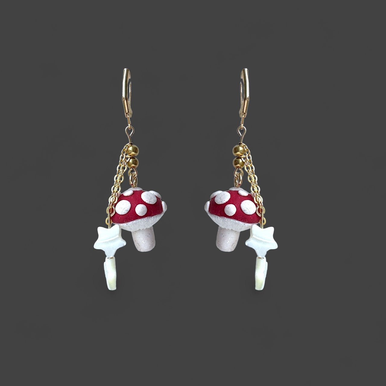 Glitter Mushroom Dangle Earring with precious stone shell stars - Pretty Weird