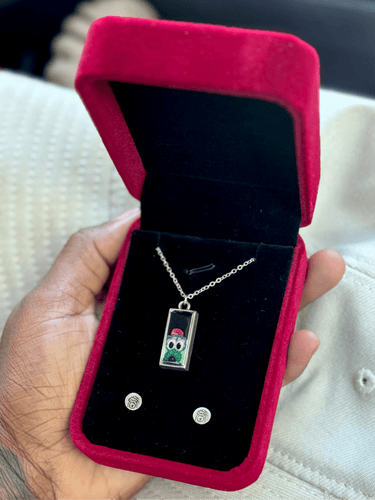 Hand-Painted Phanatic Pendant + Engraved Stud Earrings | Red October Pretty Weird