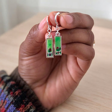Mini hand-painted Phillie Phanatic pendant earrings, handmade lightweight Philly-inspired jewelry from Pretty Weird.