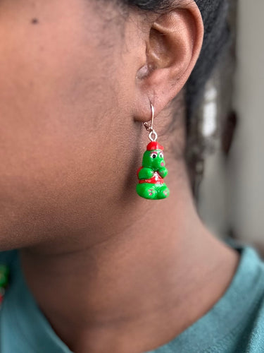 Handmade green gummy bear earrings inspired by the Phillie Phanatic, lightweight and playful Philly-themed jewelry from Pretty Weird.