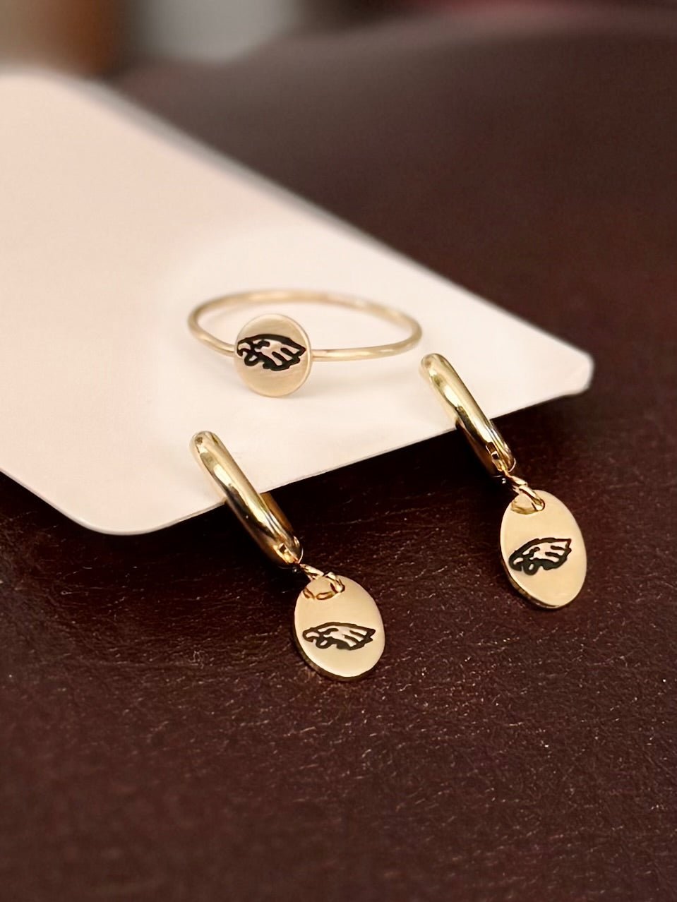 Eagles Jewelry Set – 14K Gold Filled Hoop Earrings & Custom Ring | Hand Engraved Philadelphia Eagles Gift Pretty Weird