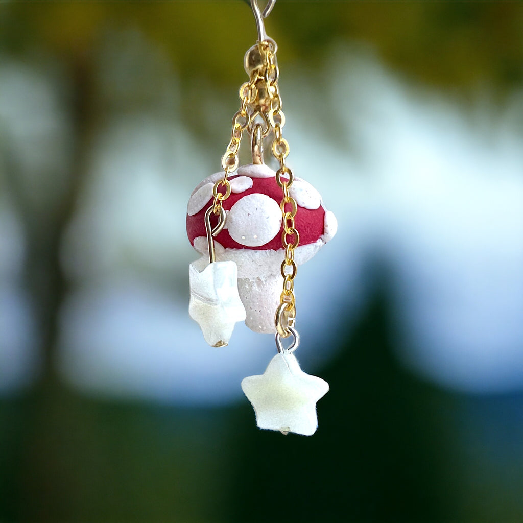 Glitter Mushroom Dangle Earring with precious stone shell stars - Pretty Weird