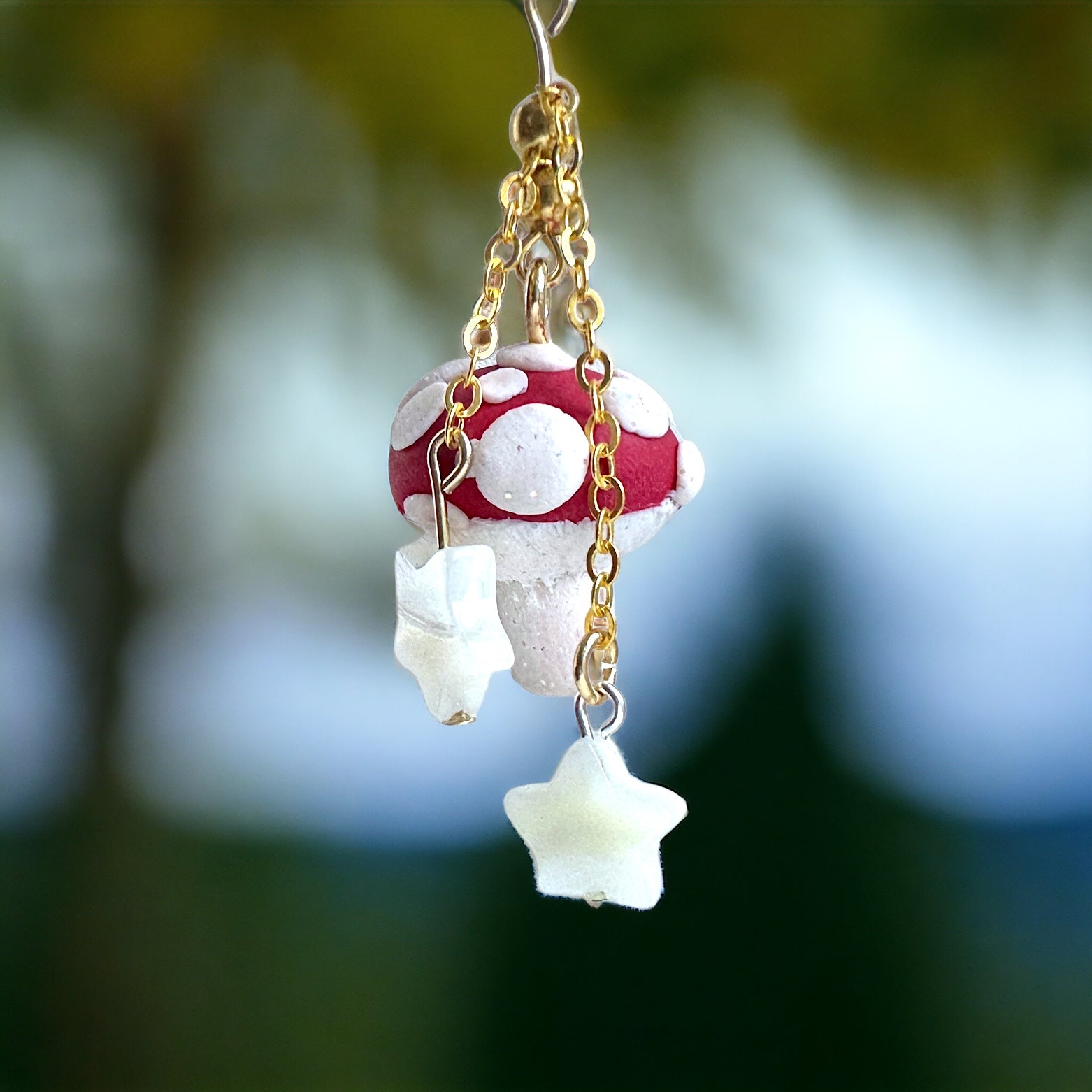 Glitter Mushroom Dangle Earring with precious stone shell stars - Pretty Weird