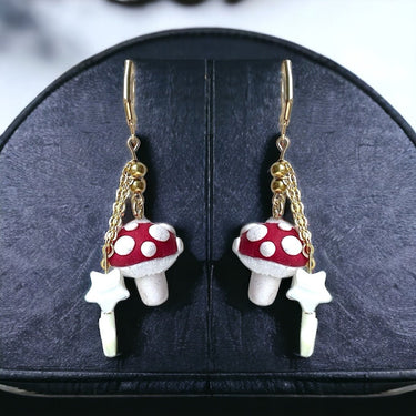 Glitter Mushroom Dangle Earring with precious stone shell stars - Pretty Weird