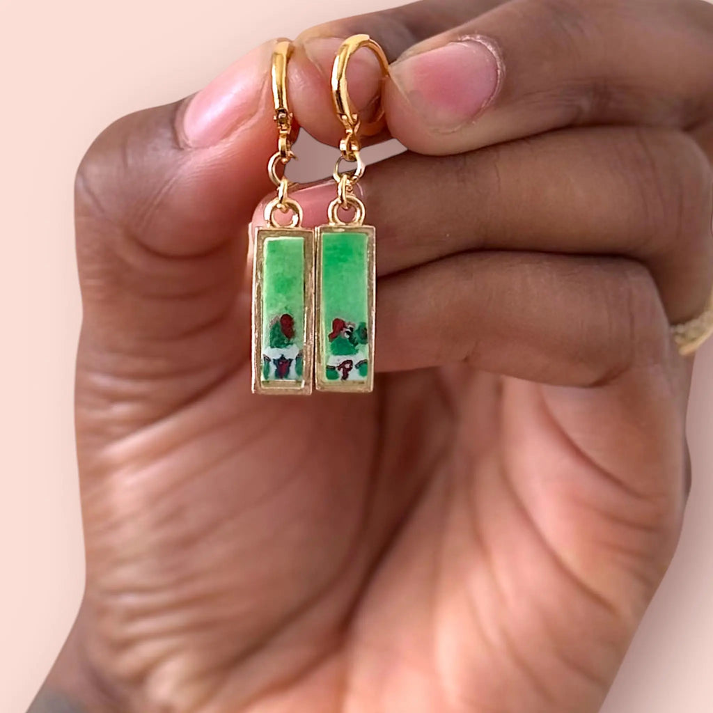 Mini hand-painted Phillie Phanatic pendant earrings, handmade lightweight Philly-inspired jewelry from Pretty Weird.