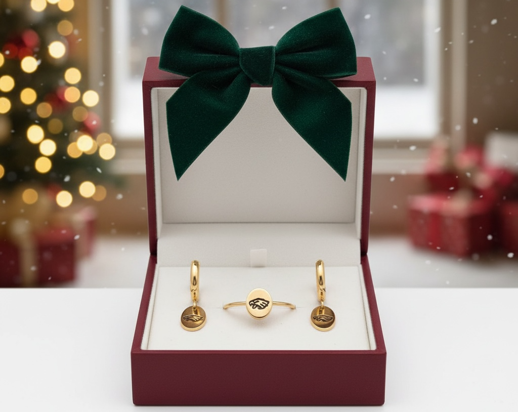 Gold engraved eagles jewelry set in a red box with a green bow, Christmas tree and decorations in the background.