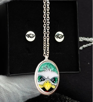 Eagles Hand Painted Swoop Necklace and Engraved Sterling Silver Earrings Bundle Pretty Weird