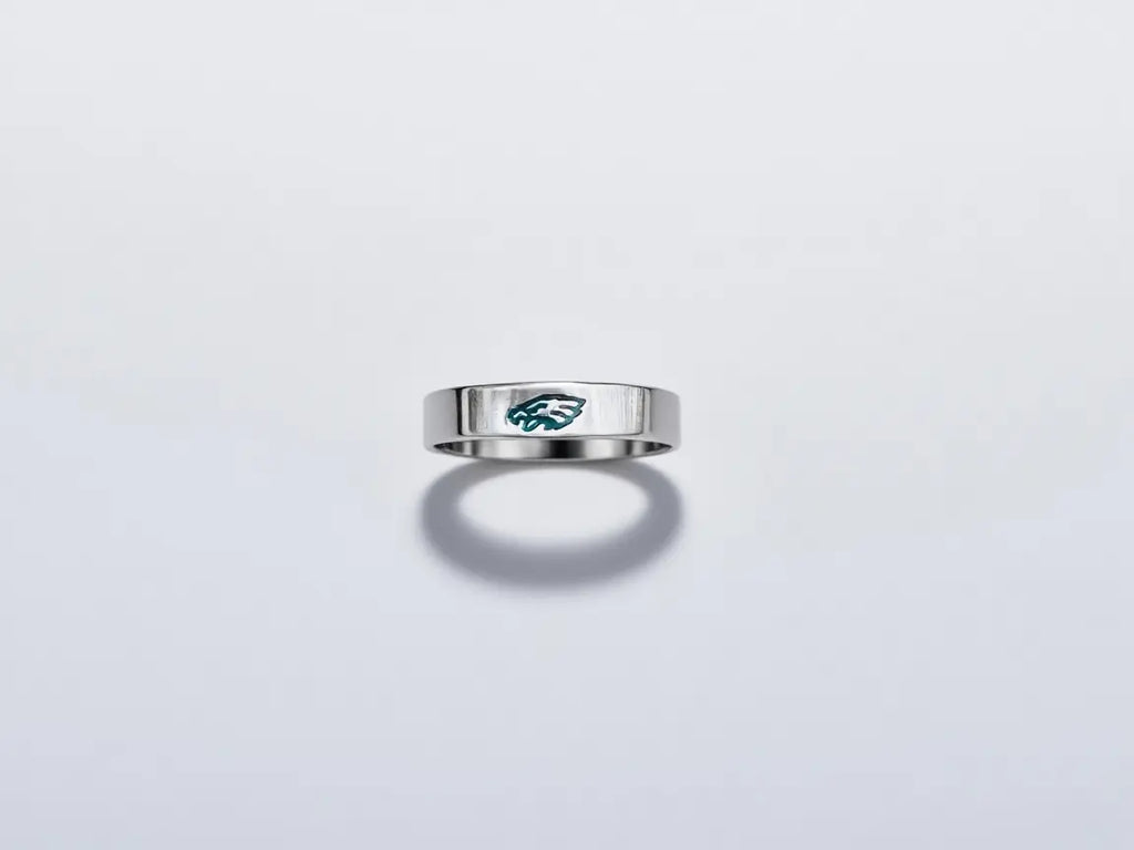 Silver Eagles Band Ring – Hand Engraved 4mm Flat Philadelphia Eagles Logo Ring Pretty Weird