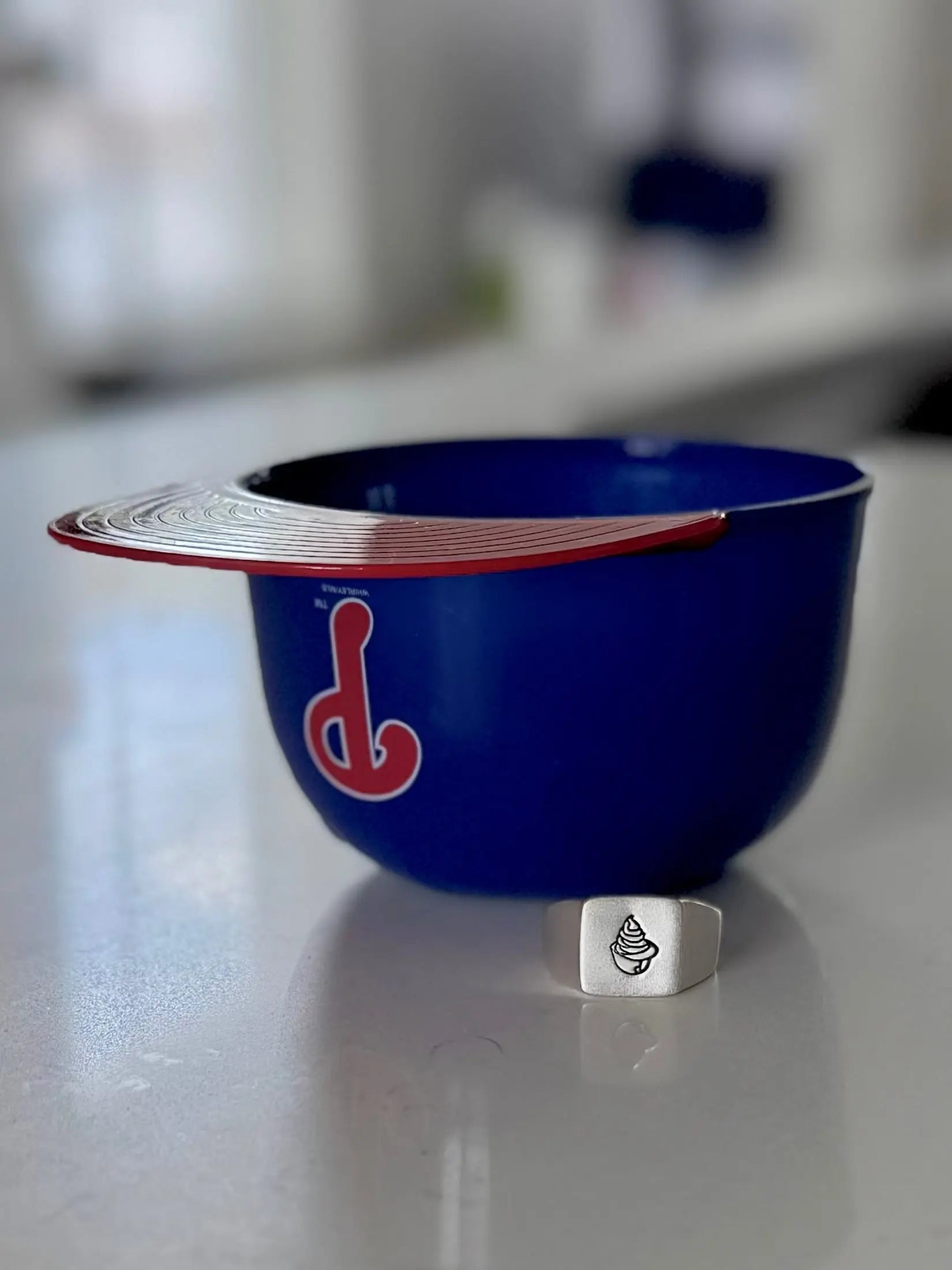 Sterling silver Phillies signet ring with engraved ice cream helmet