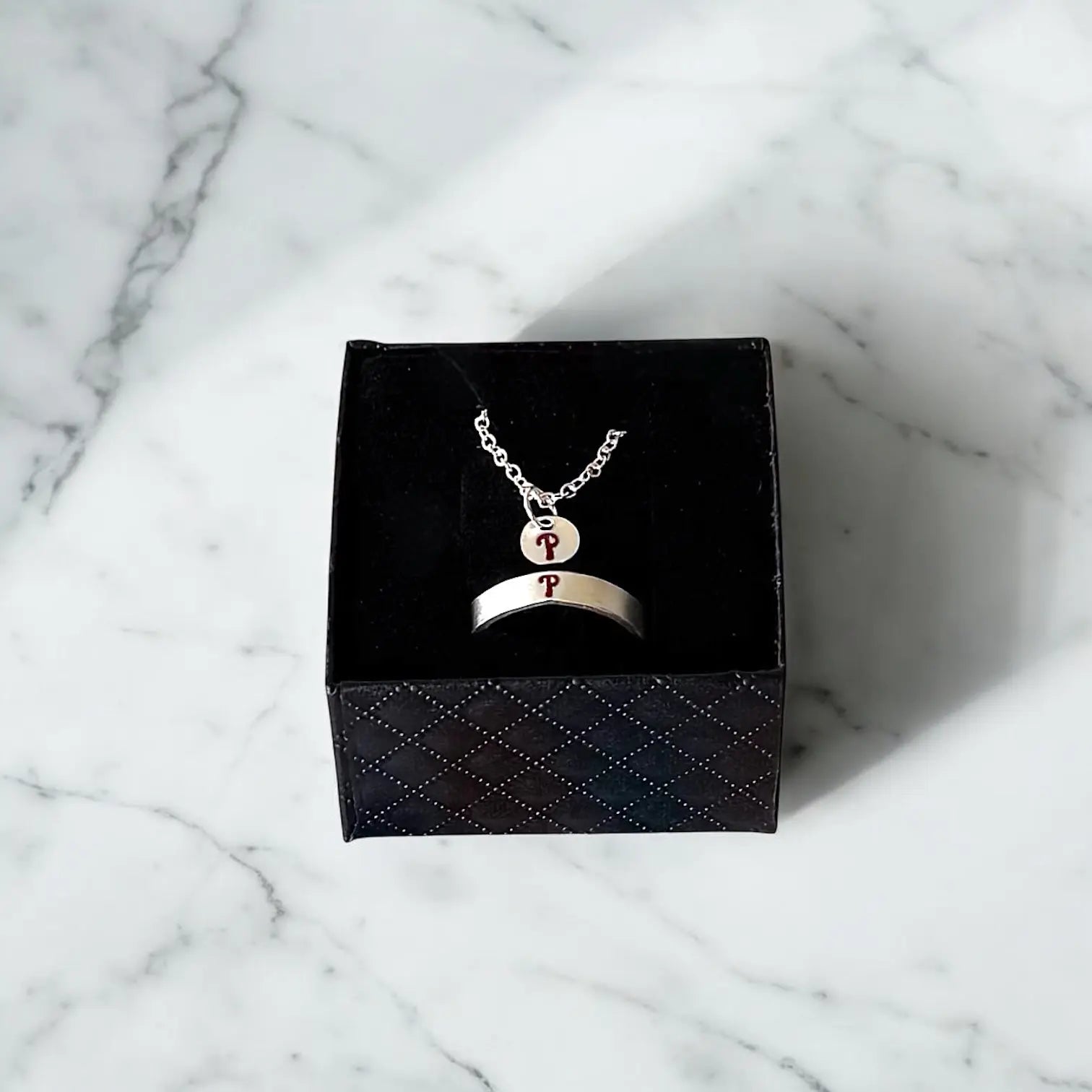 Sterling Silver Phillies “P” Necklace + Ring Set – Hand Engraved Matching Set Pretty Weird