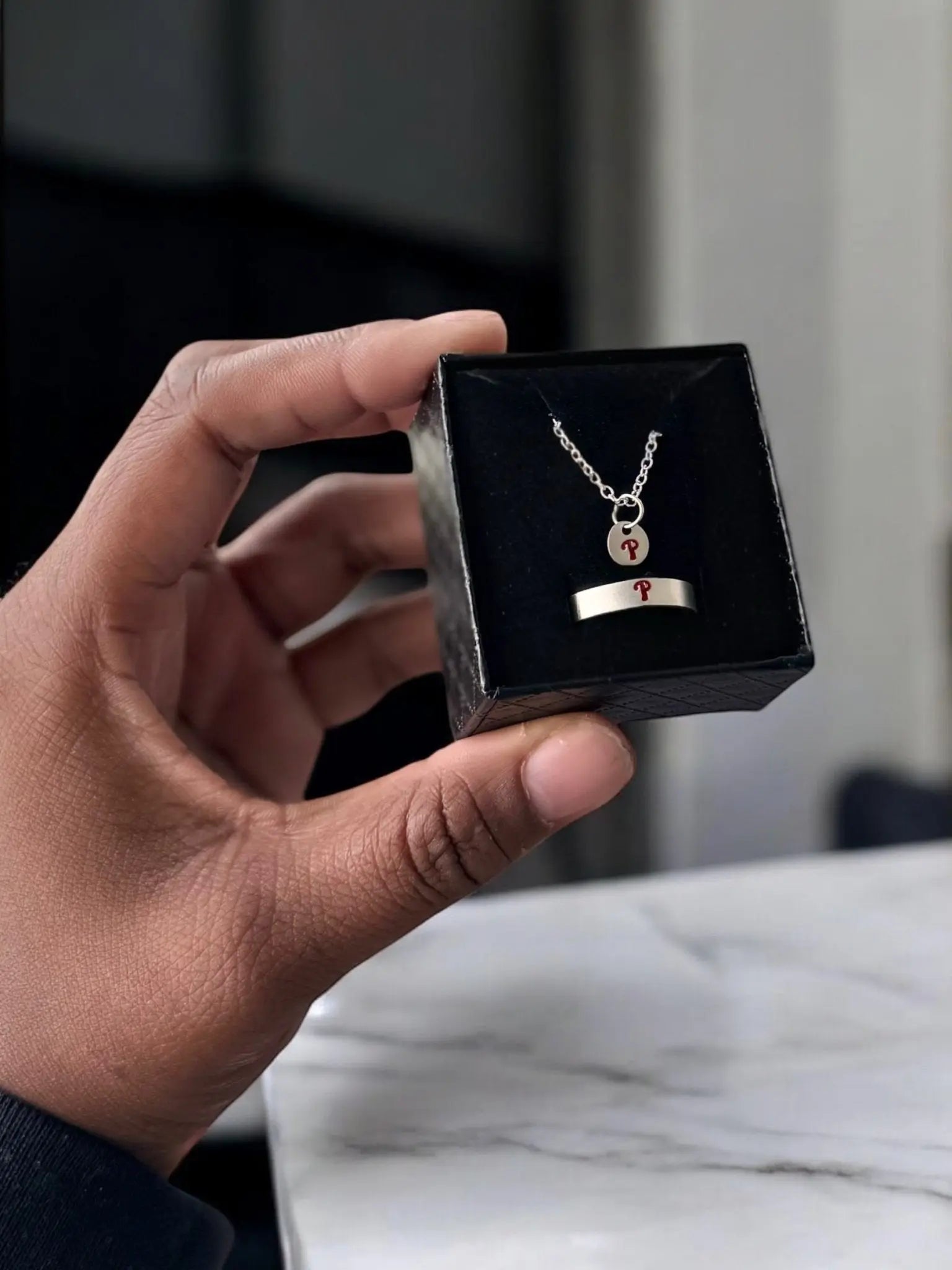 Sterling Silver Phillies “P” Necklace + Ring Set – Hand Engraved Matching Set Pretty Weird